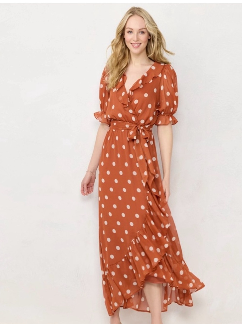 LC Lauren Conrad Rust Polka Dot Wrap Maxi Dress